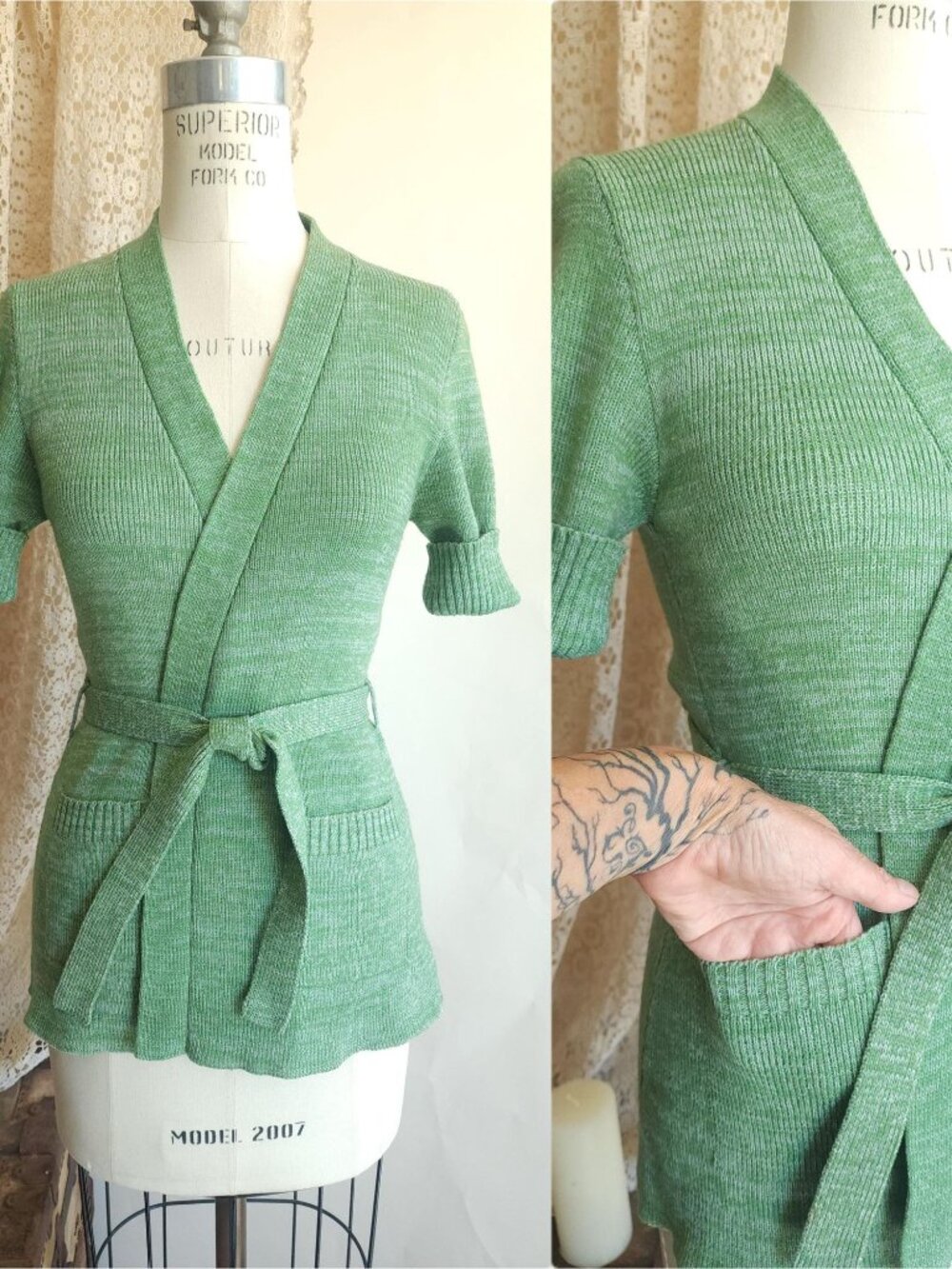 Vintage 1970s Sweater With Belt and Pockets,  TeasersFilor Knits Green Ribbed Su